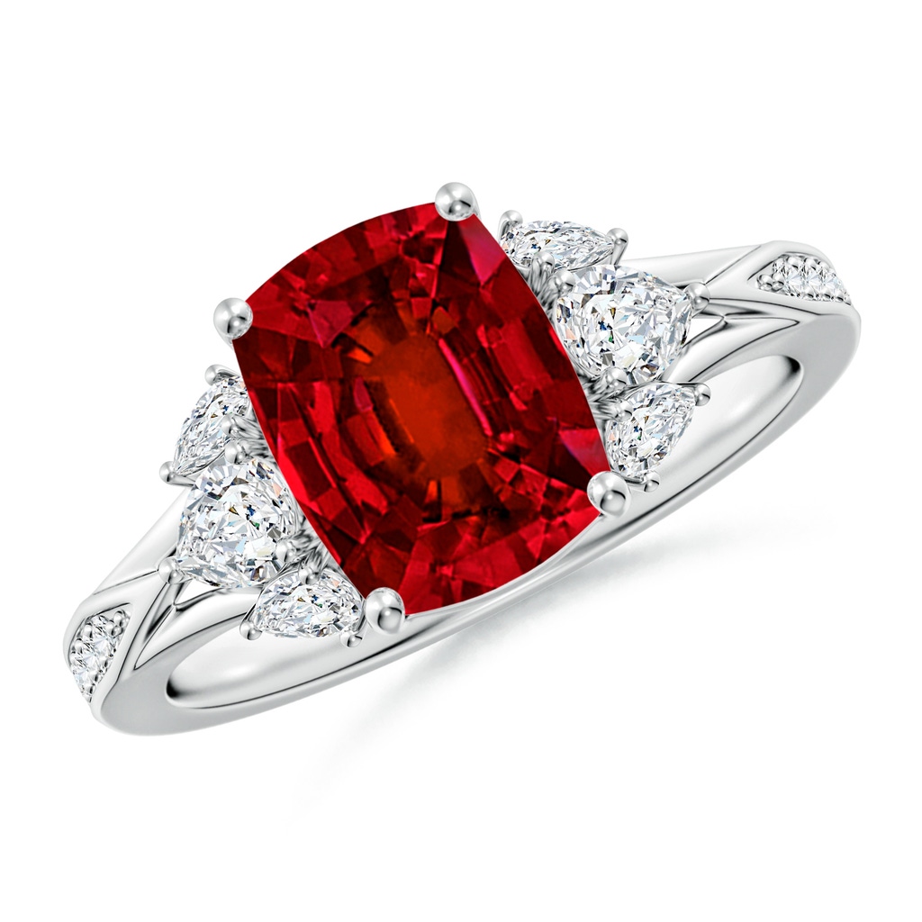 9x7mm Labgrown Lab-Grown Cushion Rectangular Ruby Engagement Ring with Lab Pear Diamonds in White Gold
