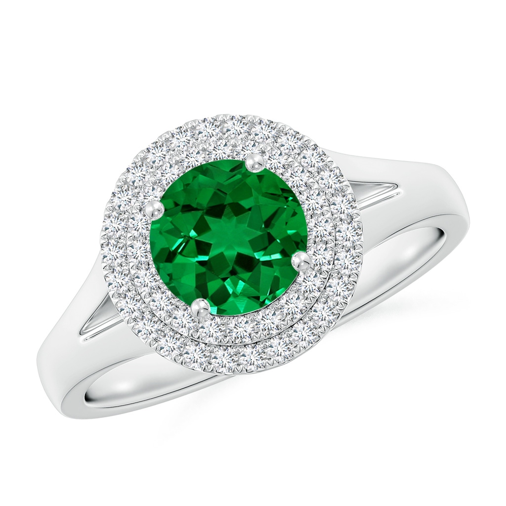 6.5mm Labgrown Lab-Grown Round Emerald Double Halo Engagement Ring in White Gold