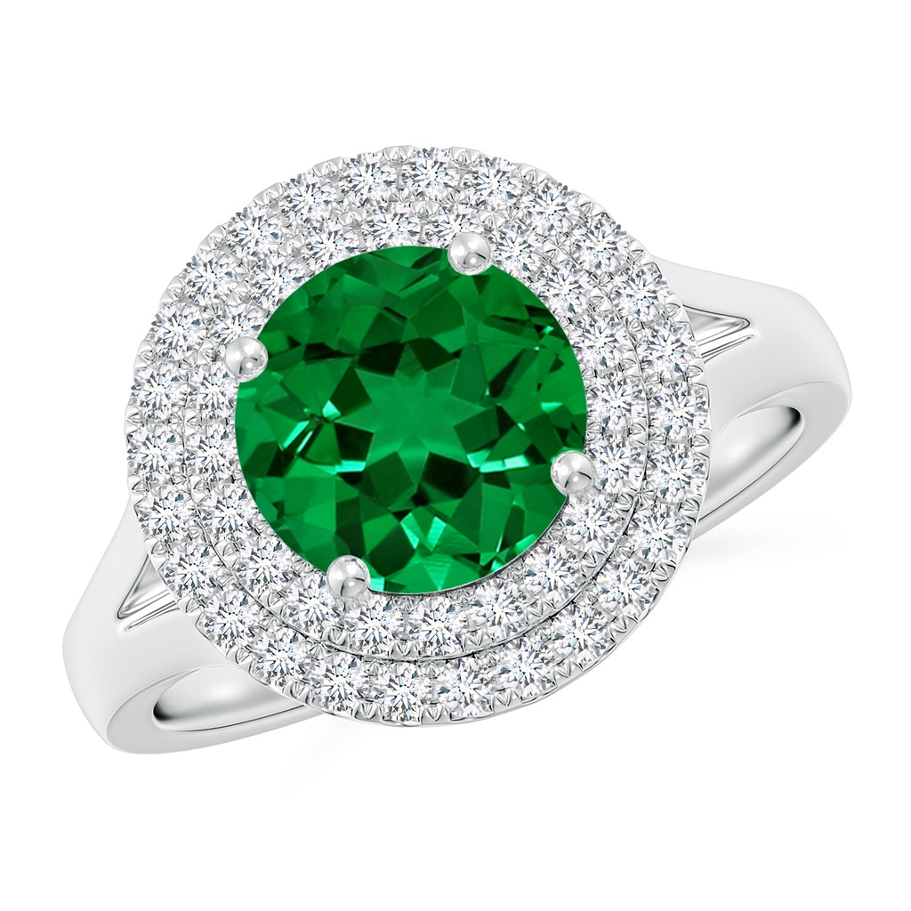 8mm Labgrown Lab-Grown Round Emerald Double Halo Engagement Ring in White Gold