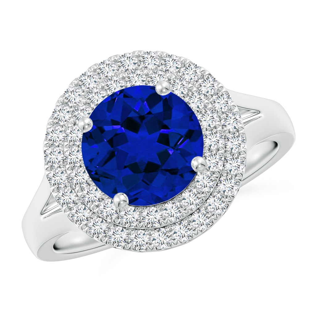 8mm Labgrown Lab-Grown Round Blue Sapphire Double Halo Engagement Ring in White Gold