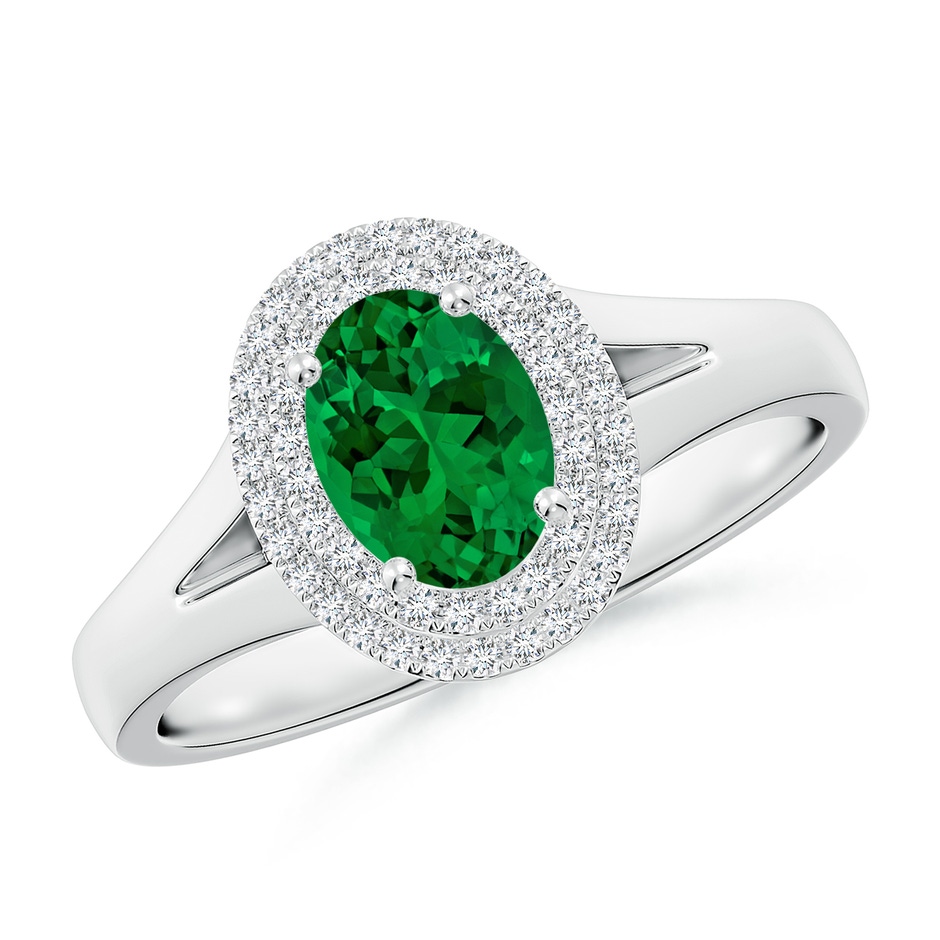 7x5mm Labgrown Lab-Grown Oval Emerald Double Halo Engagement Ring in White Gold 