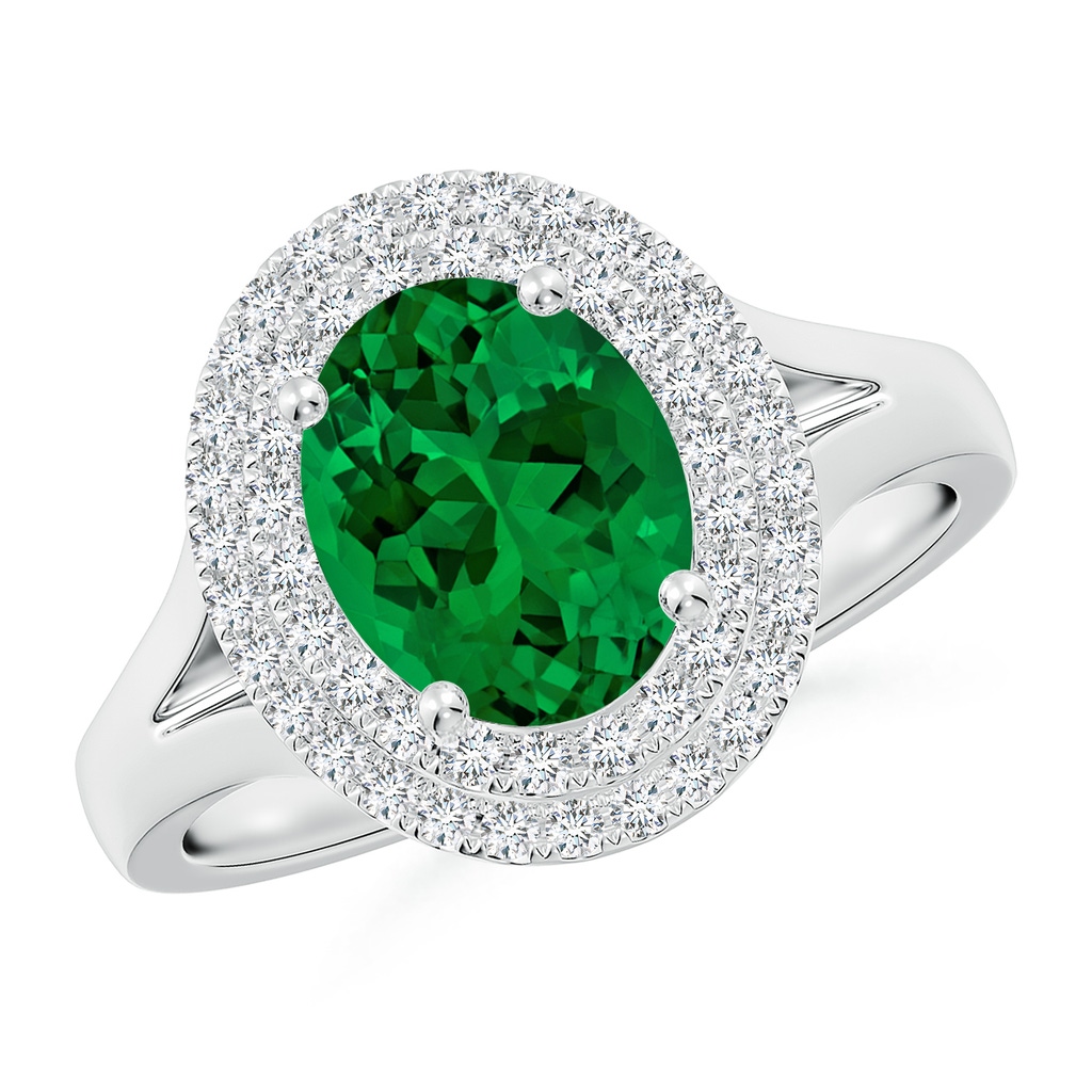 9x7mm Labgrown Lab-Grown Oval Emerald Double Halo Engagement Ring in White Gold