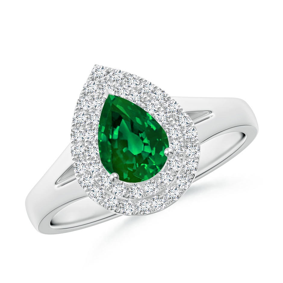 7x5mm Labgrown Lab-Grown Pear-Shaped Emerald Double Halo Engagement Ring in White Gold 