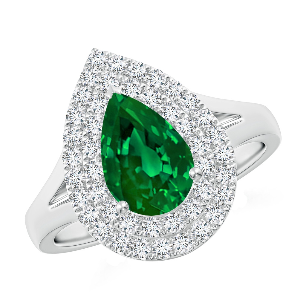 9x7mm Labgrown Lab-Grown Pear-Shaped Emerald Double Halo Engagement Ring in White Gold