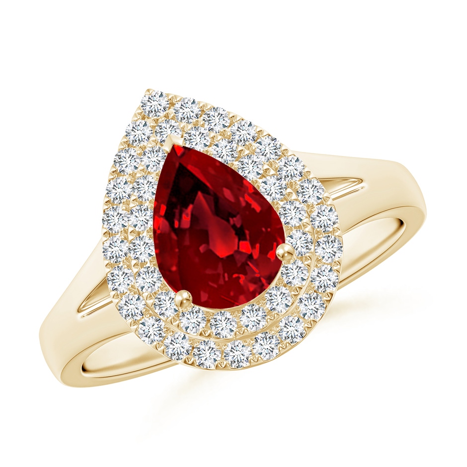 8x6mm Labgrown Lab-Grown Pear-Shaped Ruby Double Halo Engagement Ring in Yellow Gold 