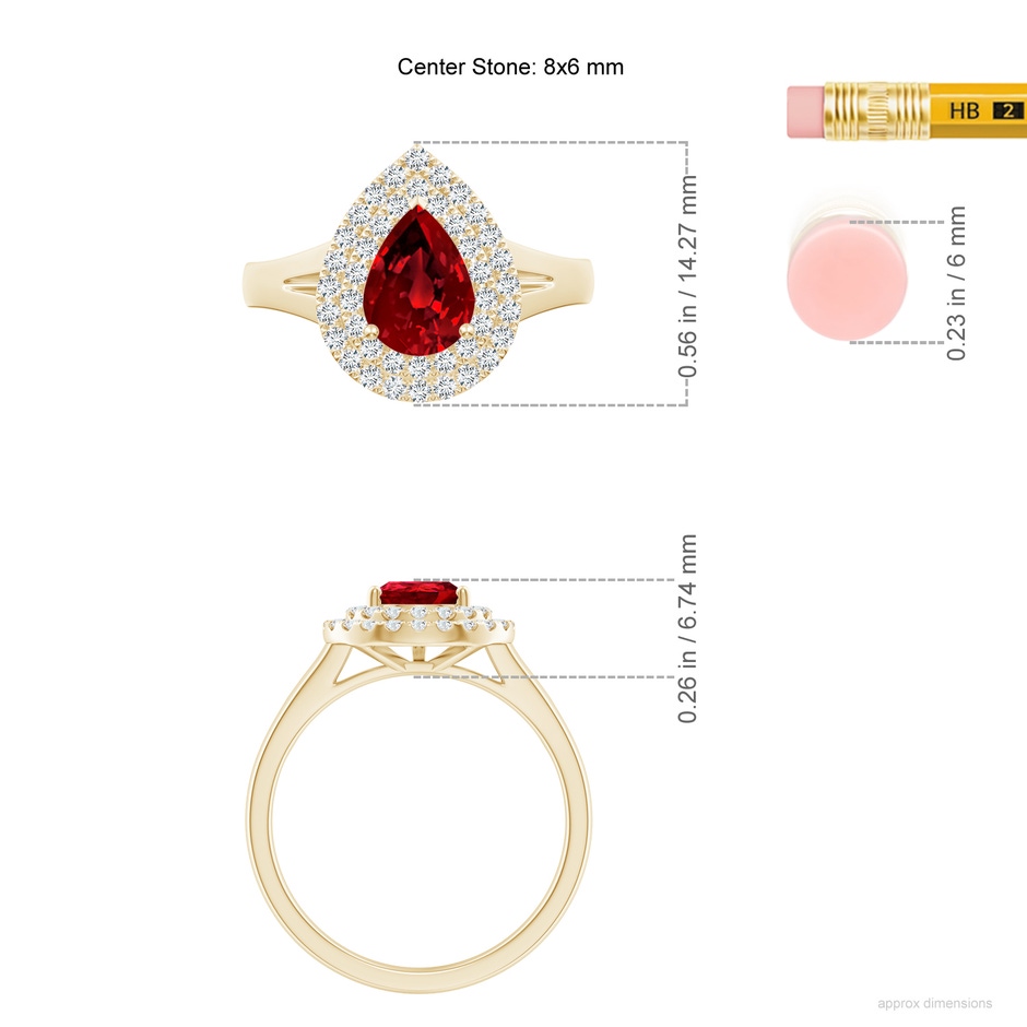 8x6mm Labgrown Lab-Grown Pear-Shaped Ruby Double Halo Engagement Ring in Yellow Gold ruler