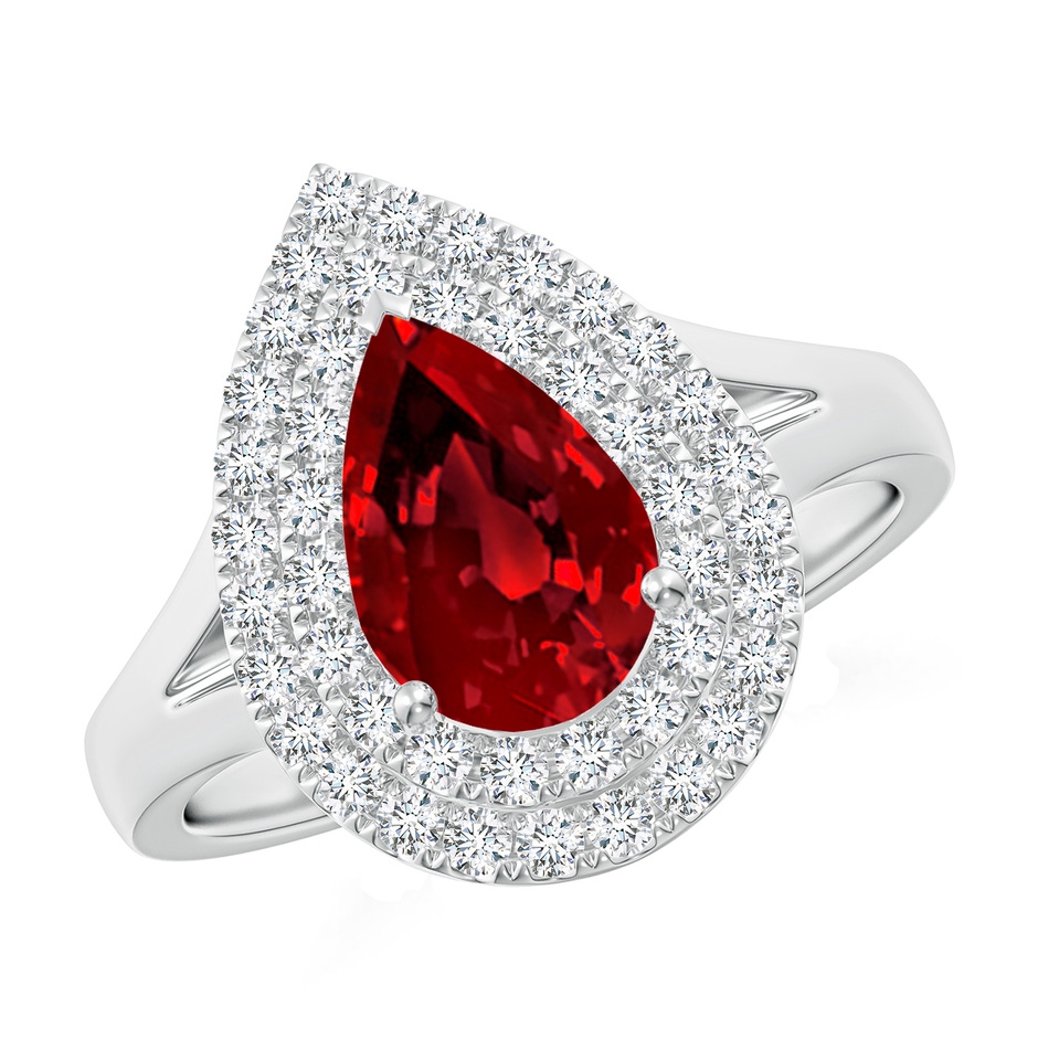 9x7mm Labgrown Lab-Grown Pear-Shaped Ruby Double Halo Engagement Ring in White Gold 