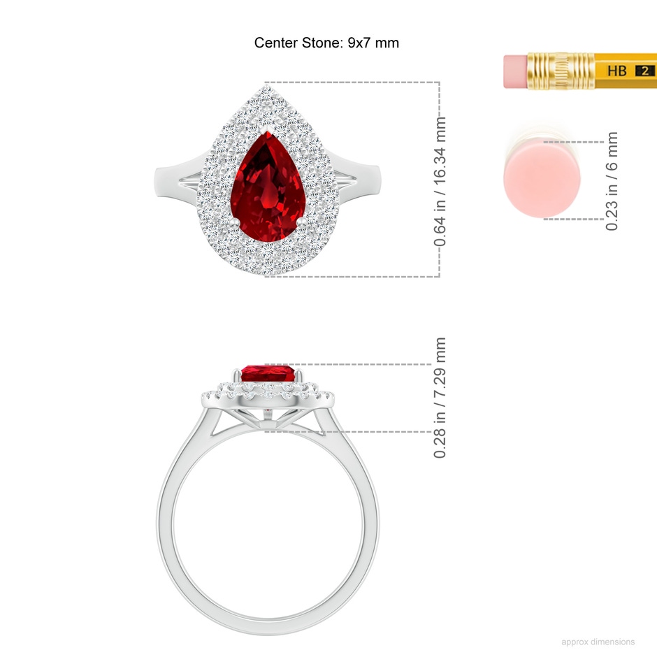 9x7mm Labgrown Lab-Grown Pear-Shaped Ruby Double Halo Engagement Ring in White Gold ruler