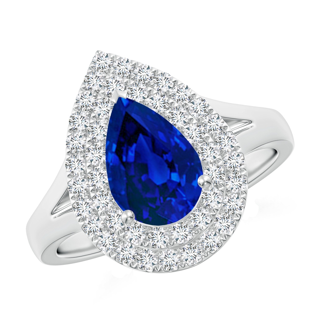 9x7mm Labgrown Lab-Grown Pear-Shaped Blue Sapphire Double Halo Engagement Ring in White Gold