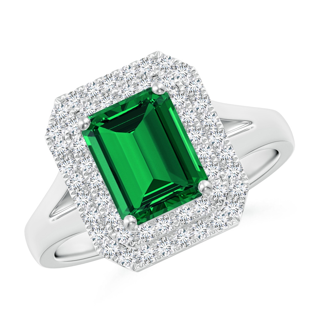 8x6mm Labgrown Lab-Grown Emerald-Cut Emerald Double Halo Engagement Ring in White Gold