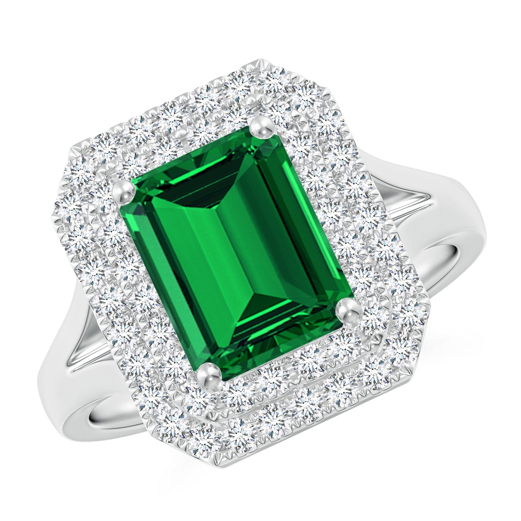9x7mm Labgrown Lab-Grown Emerald-Cut Emerald Double Halo Engagement Ring in White Gold