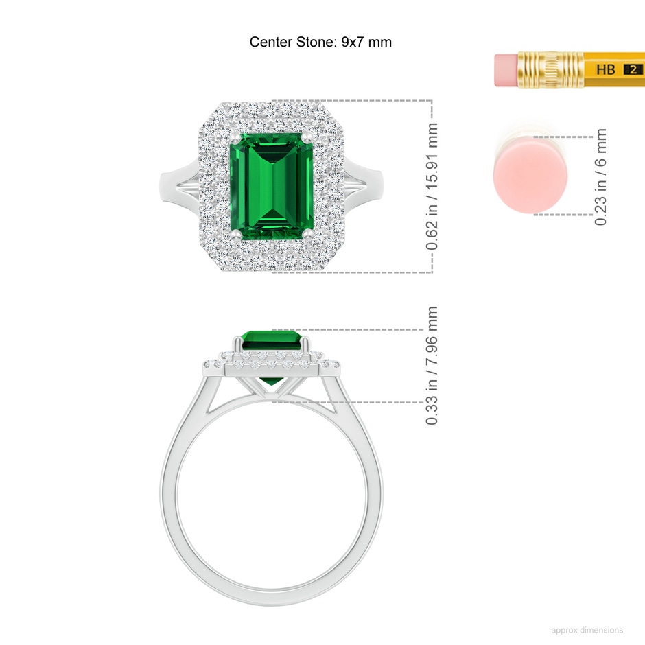 9x7mm Labgrown Lab-Grown Emerald-Cut Emerald Double Halo Engagement Ring in White Gold ruler