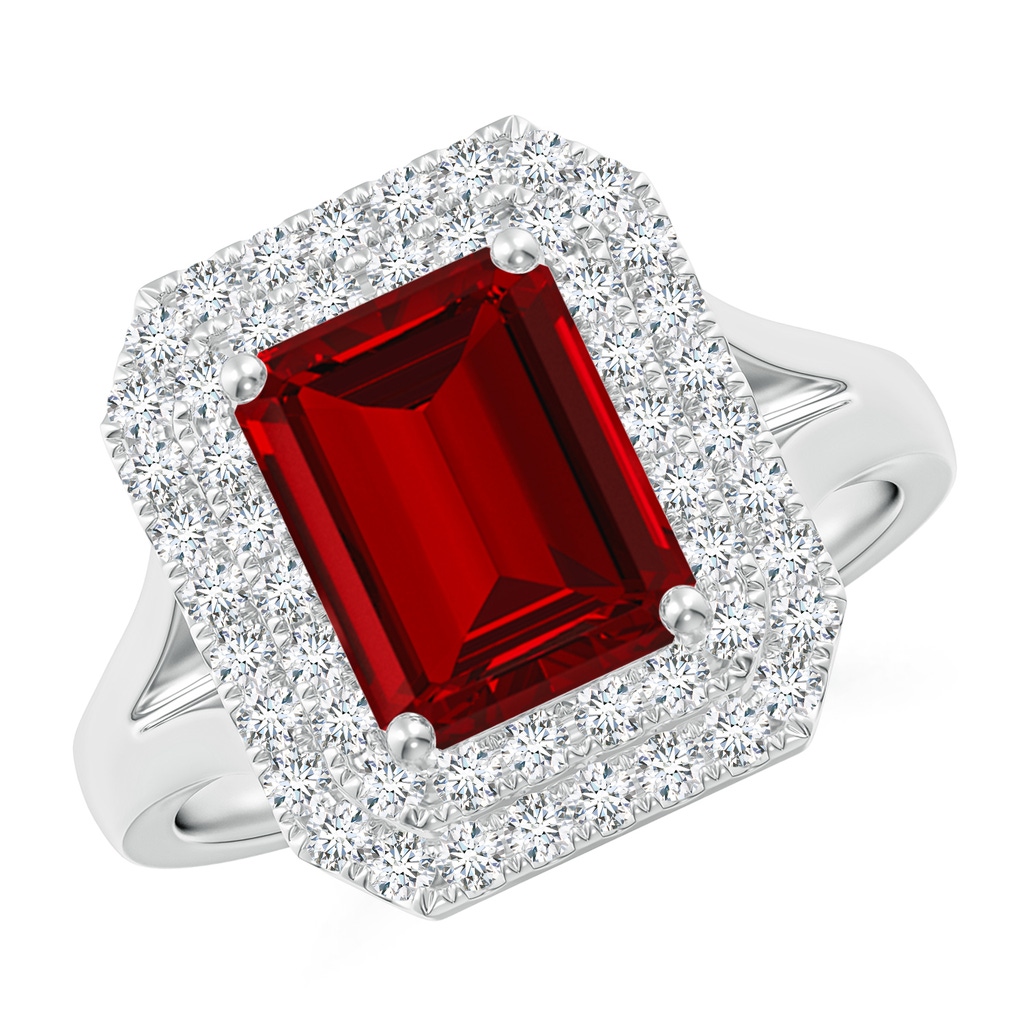 9x7mm Labgrown Lab-Grown Emerald-Cut Ruby Double Halo Engagement Ring in White Gold