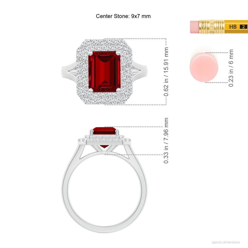 9x7mm Labgrown Lab-Grown Emerald-Cut Ruby Double Halo Engagement Ring in White Gold ruler