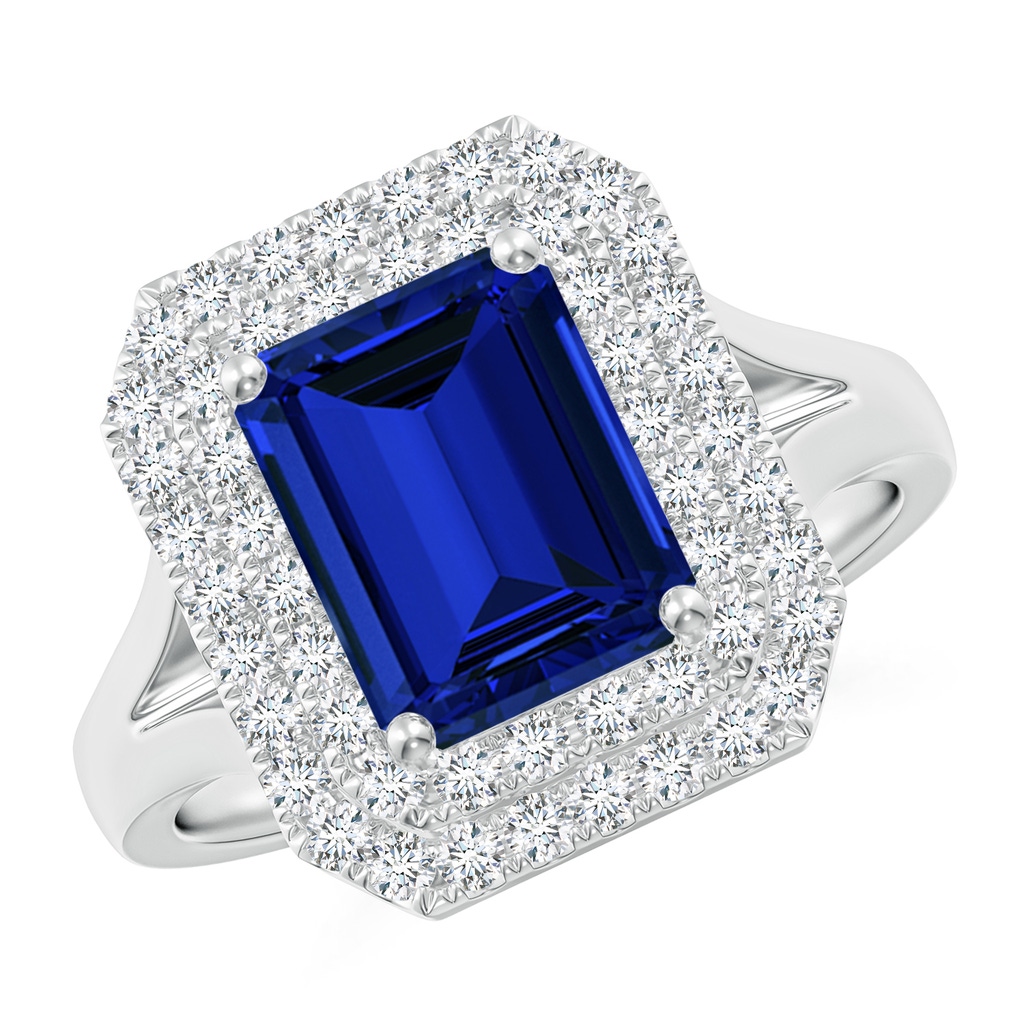 9x7mm Labgrown Lab-Grown Emerald-Cut Blue Sapphire Double Halo Engagement Ring in White Gold
