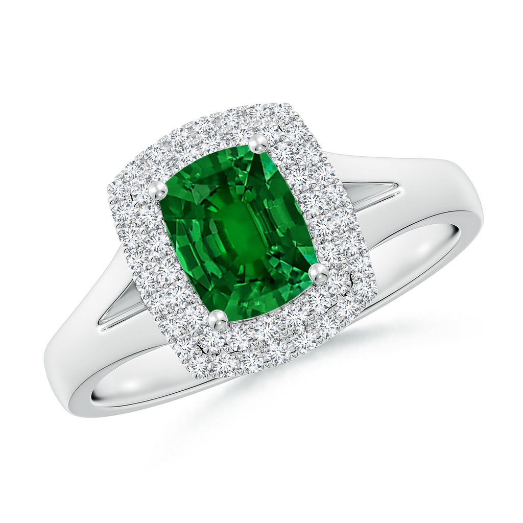 7x5mm Labgrown Lab-Grown Cushion Rectangular Emerald Double Halo Engagement Ring in White Gold