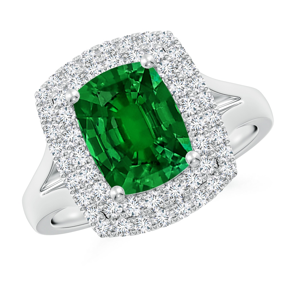 9x7mm Labgrown Lab-Grown Cushion Rectangular Emerald Double Halo Engagement Ring in White Gold