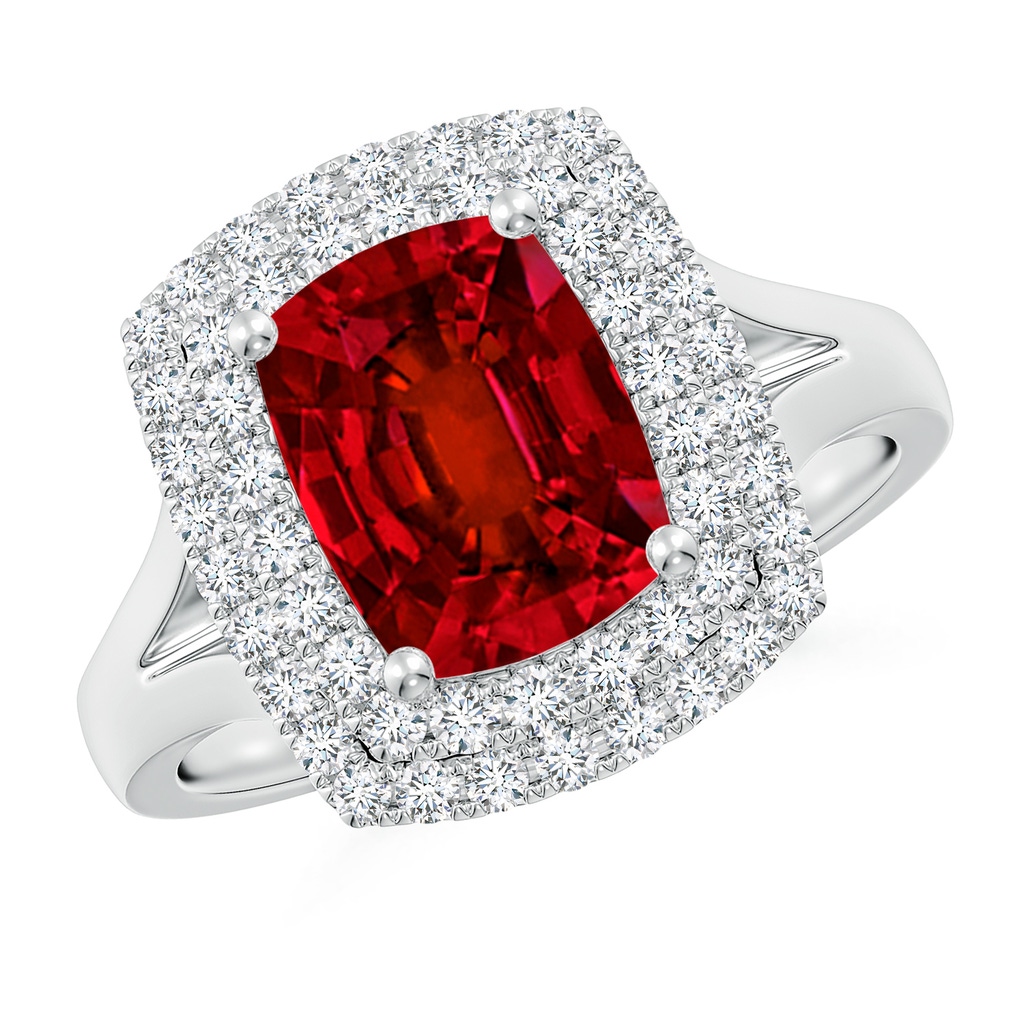 9x7mm Labgrown Lab-Grown Cushion Rectangular Ruby Double Halo Engagement Ring in White Gold