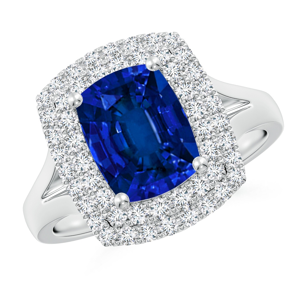 9x7mm Labgrown Lab-Grown Cushion Rectangular Blue Sapphire Double Halo Engagement Ring in White Gold