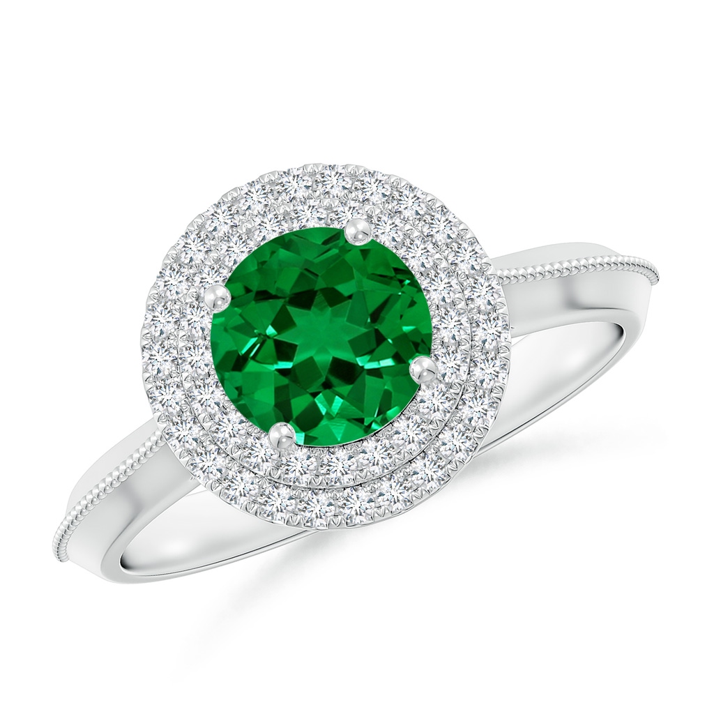 6.5mm Labgrown Lab-Grown Vintage Inspired Round Emerald Double Halo Engagement Ring in White Gold