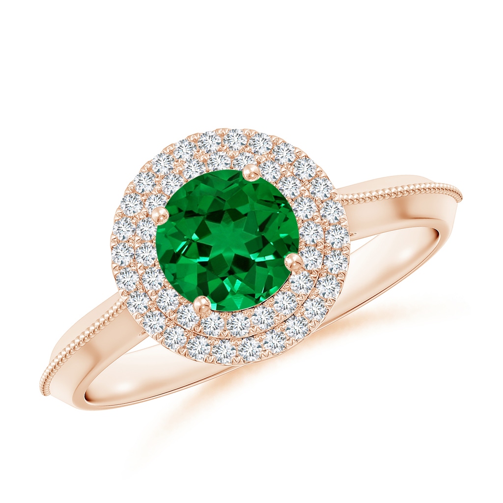 6mm Labgrown Lab-Grown Vintage Inspired Round Emerald Double Halo Engagement Ring in Rose Gold