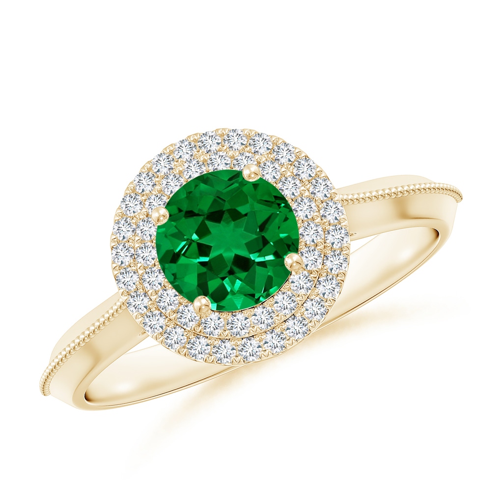 6mm Labgrown Lab-Grown Vintage Inspired Round Emerald Double Halo Engagement Ring in Yellow Gold