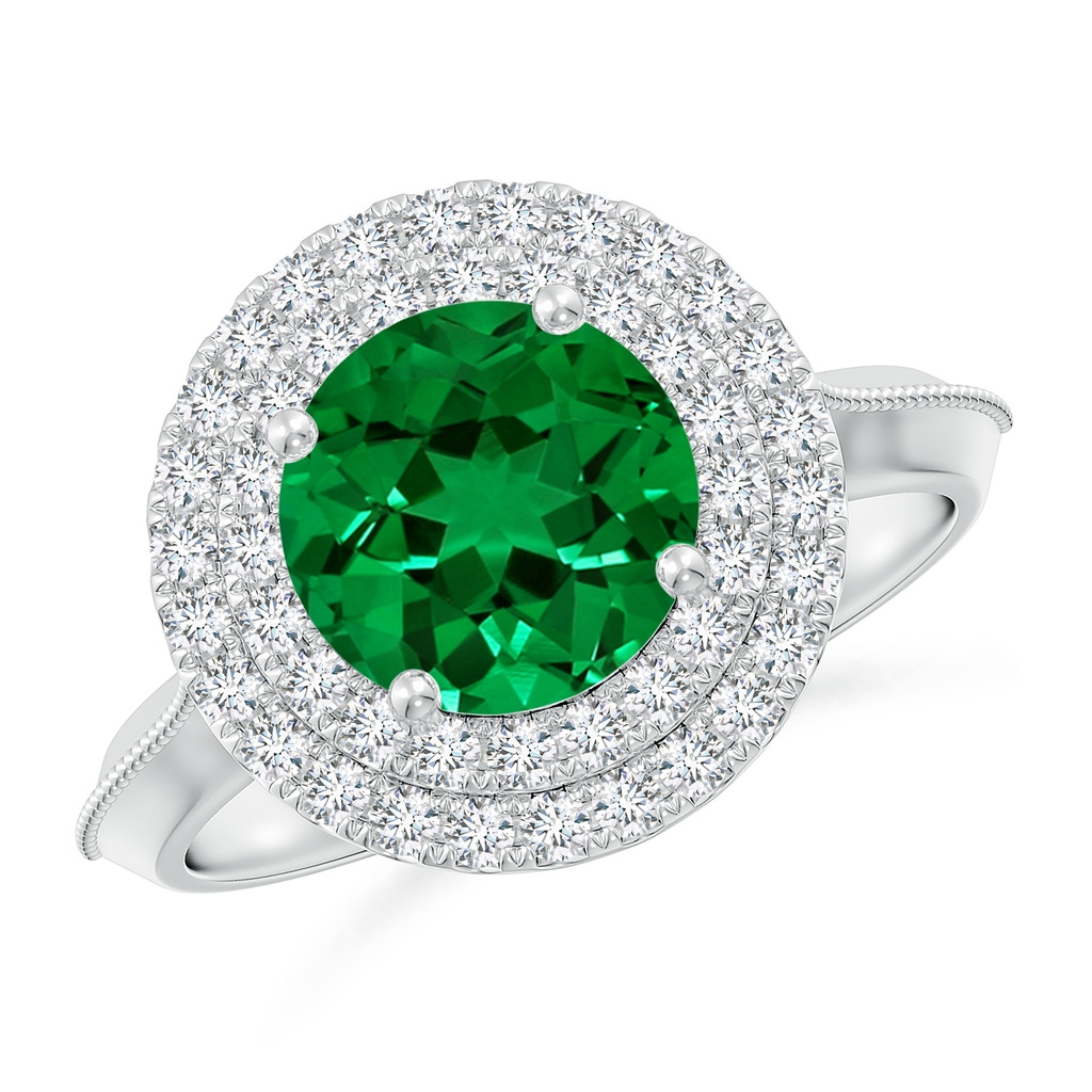 8mm Labgrown Lab-Grown Vintage Inspired Round Emerald Double Halo Engagement Ring in White Gold