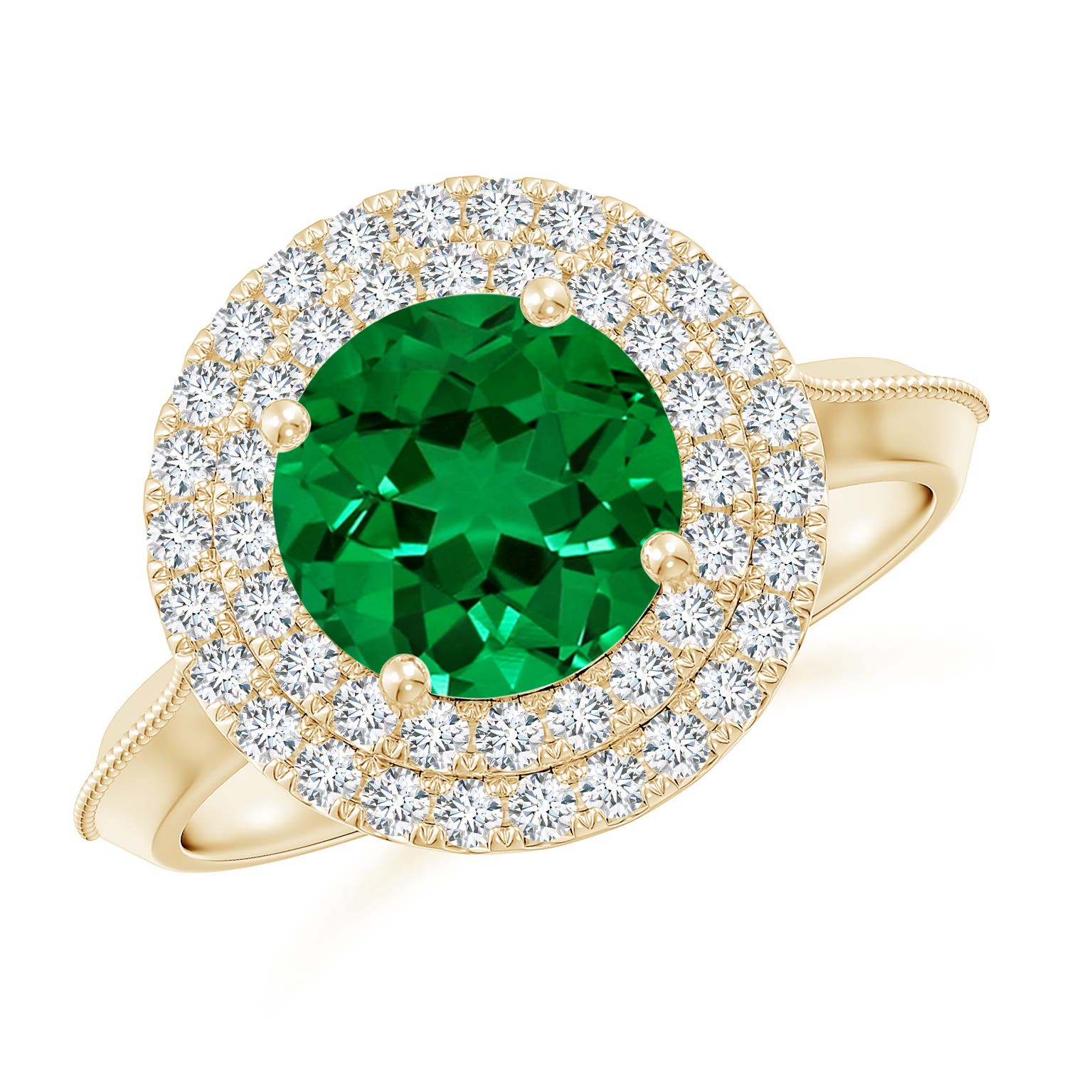 8mm Labgrown Lab-Grown Vintage Inspired Round Emerald Double Halo Engagement Ring in Yellow Gold