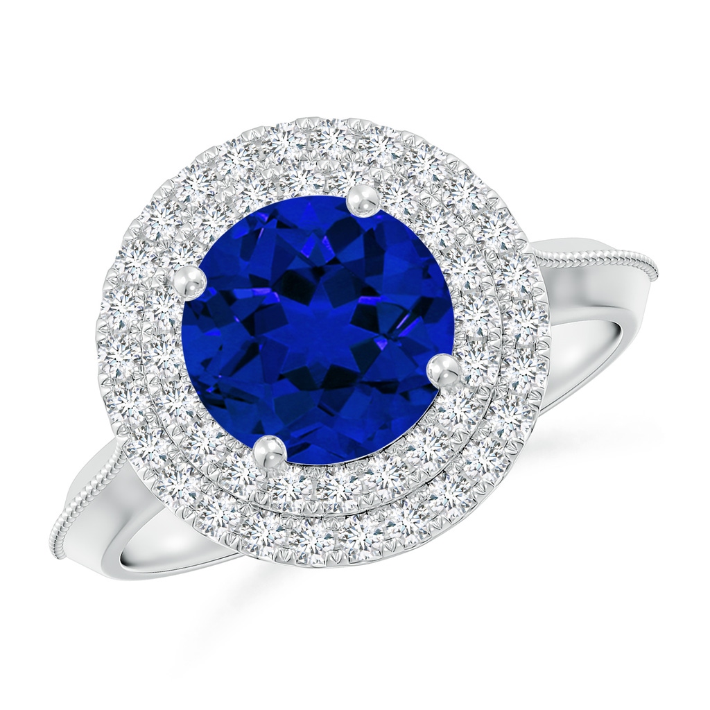 8mm Labgrown Lab-Grown Vintage Inspired Round Blue Sapphire Double Halo Engagement Ring in White Gold