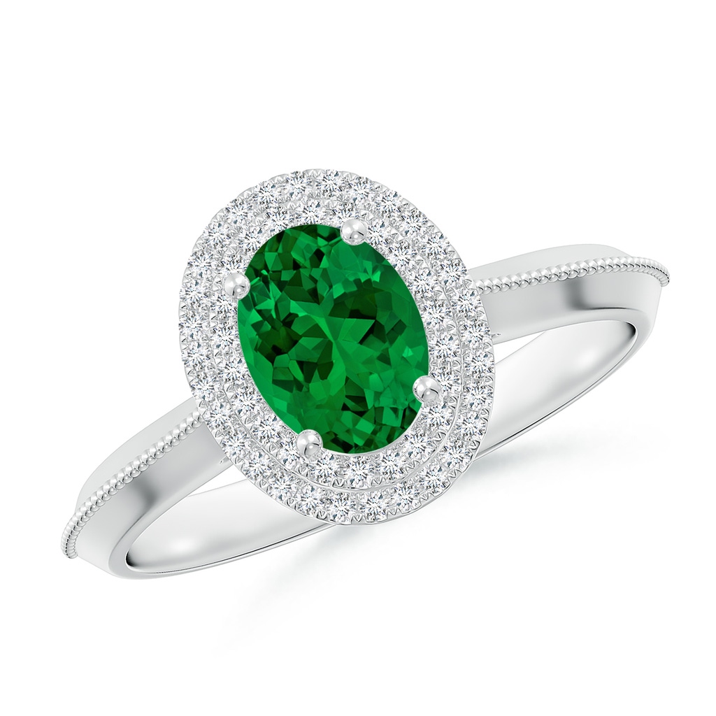 7x5mm Labgrown Lab-Grown Vintage Inspired Oval Emerald Double Halo Engagement Ring in White Gold