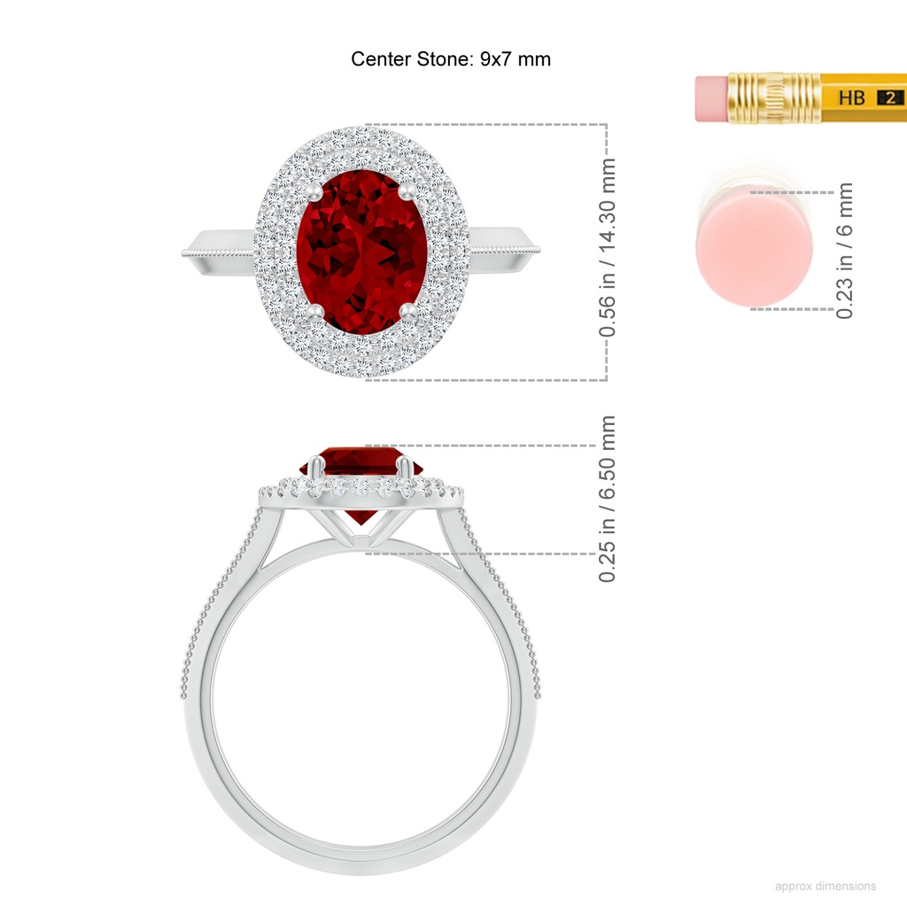 9x7mm Labgrown Lab-Grown Vintage Inspired Oval Ruby Double Halo Engagement Ring in White Gold ruler