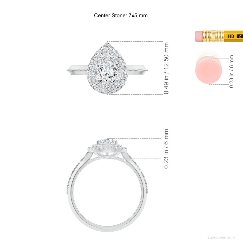 7x5mm FGVS Lab-Grown Vintage Inspired Pear Diamond Double Halo Engagement Ring in 18K White Gold ruler