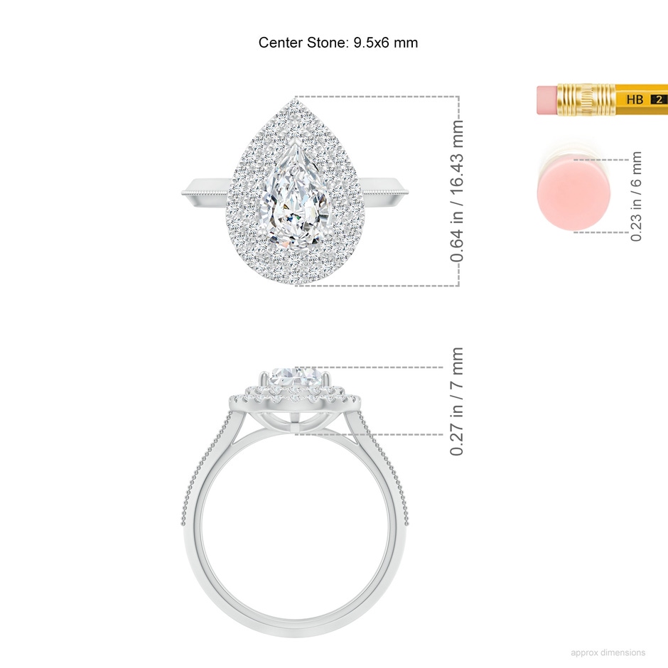 9.5x6mm FGVS Lab-Grown Vintage Inspired Pear Diamond Double Halo Engagement Ring in White Gold ruler