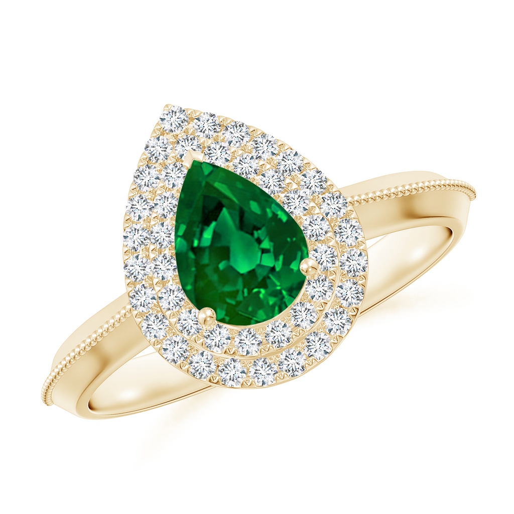 7x5mm Labgrown Lab-Grown Vintage Inspired Pear Emerald Double Halo Engagement Ring in 18K Yellow Gold