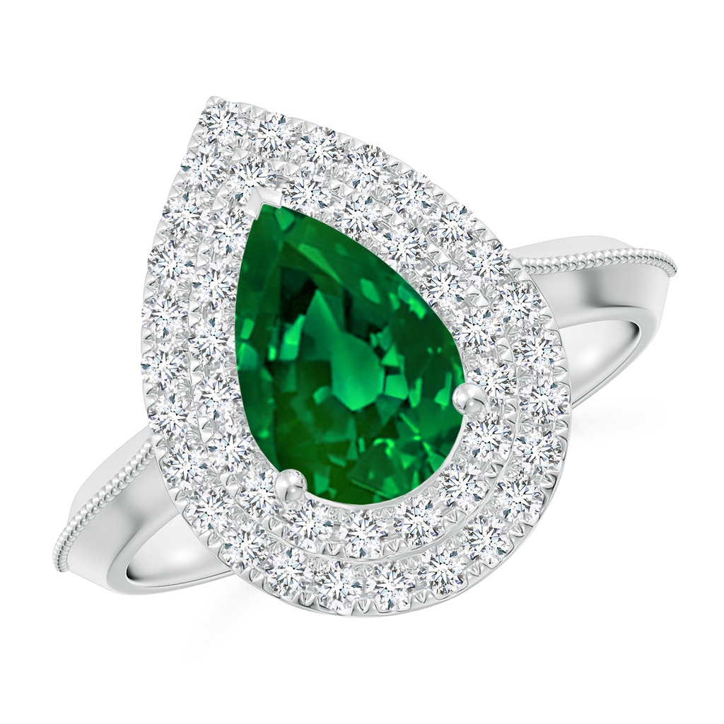 9x7mm Labgrown Lab-Grown Vintage Inspired Pear Emerald Double Halo Engagement Ring in White Gold