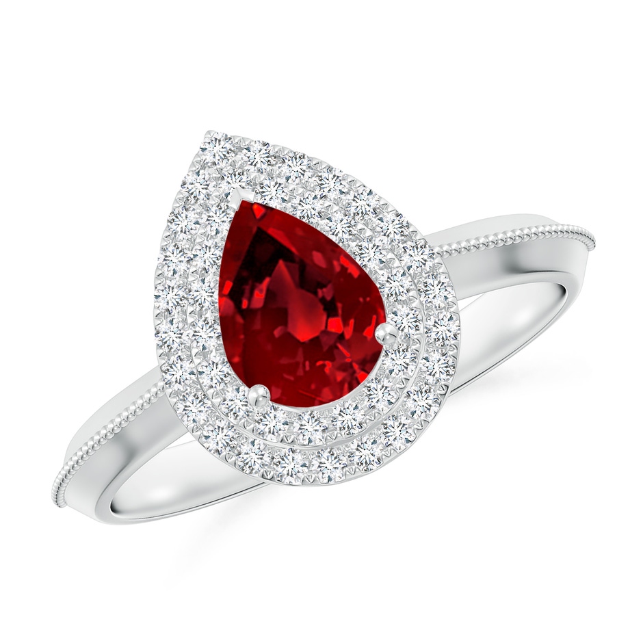 7x5mm Labgrown Lab-Grown Vintage Inspired Pear Ruby Double Halo Engagement Ring in White Gold 