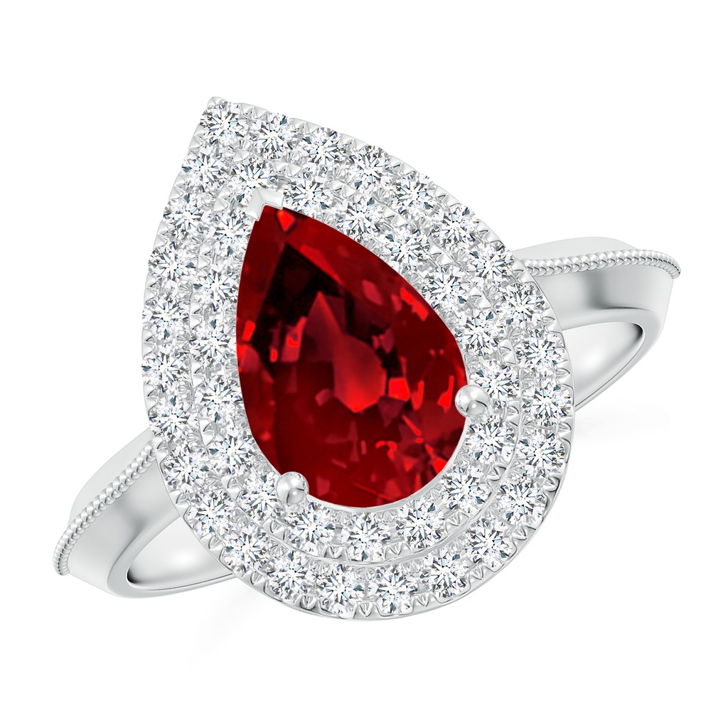 9x7mm Labgrown Lab-Grown Vintage Inspired Pear Ruby Double Halo Engagement Ring in White Gold