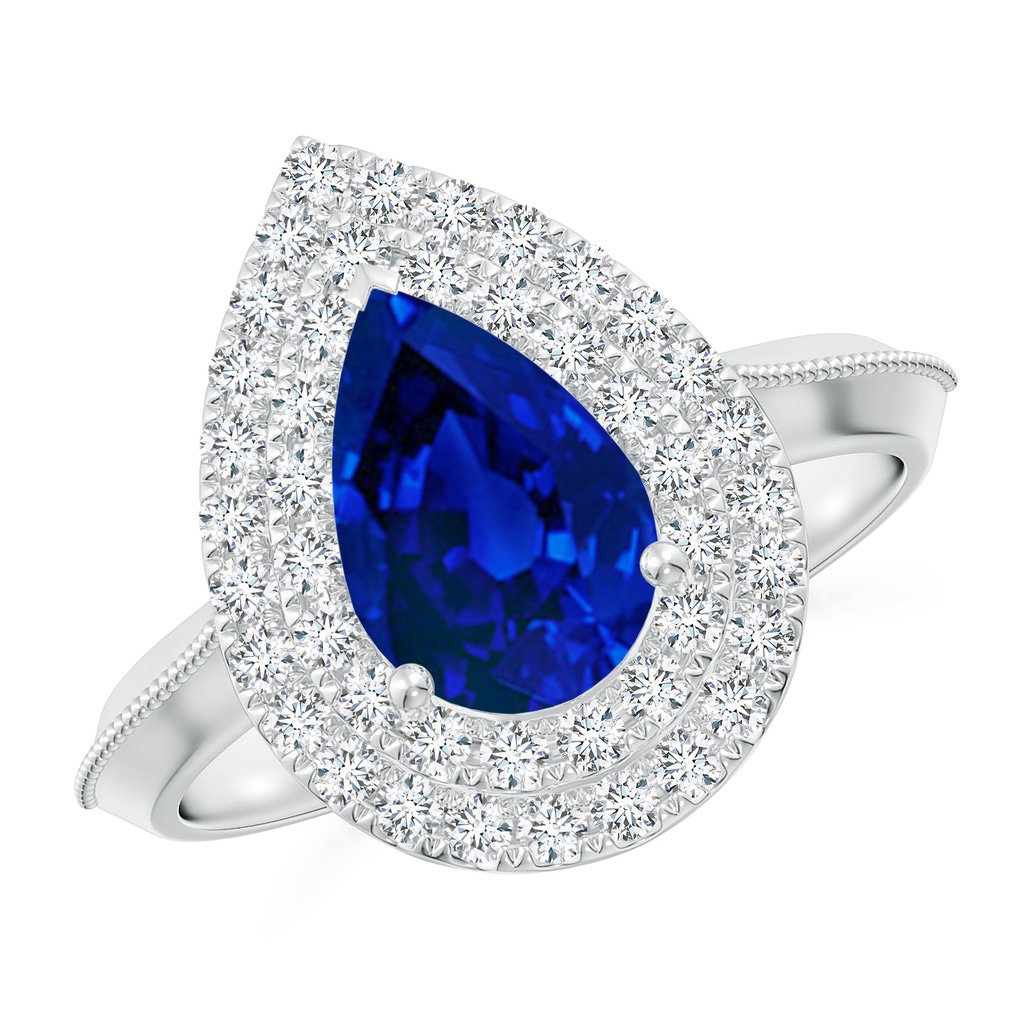 9x7mm Labgrown Lab-Grown Vintage Inspired Pear Blue Sapphire Double Halo Engagement Ring in White Gold