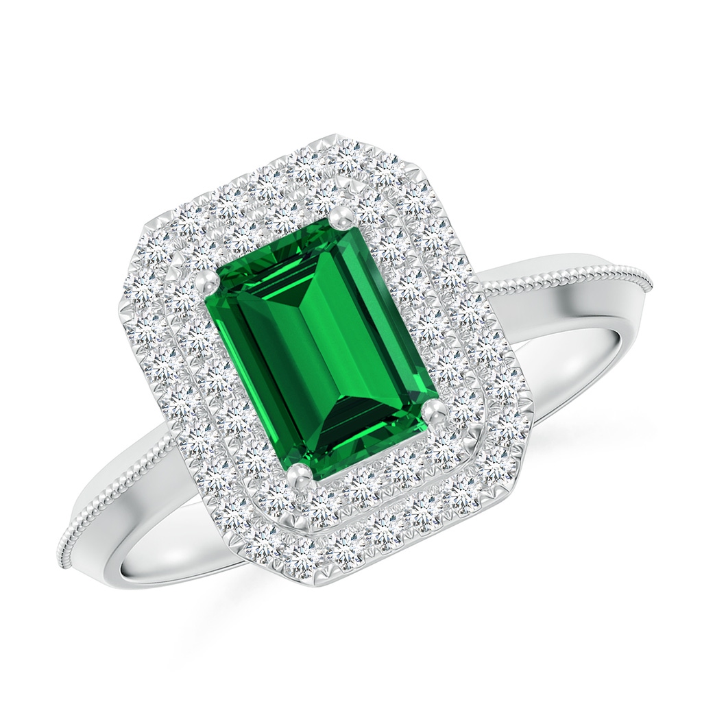 7x5mm Labgrown Lab-Grown Vintage Inspired Emerald-Cut Emerald Double Halo Engagement Ring in White Gold