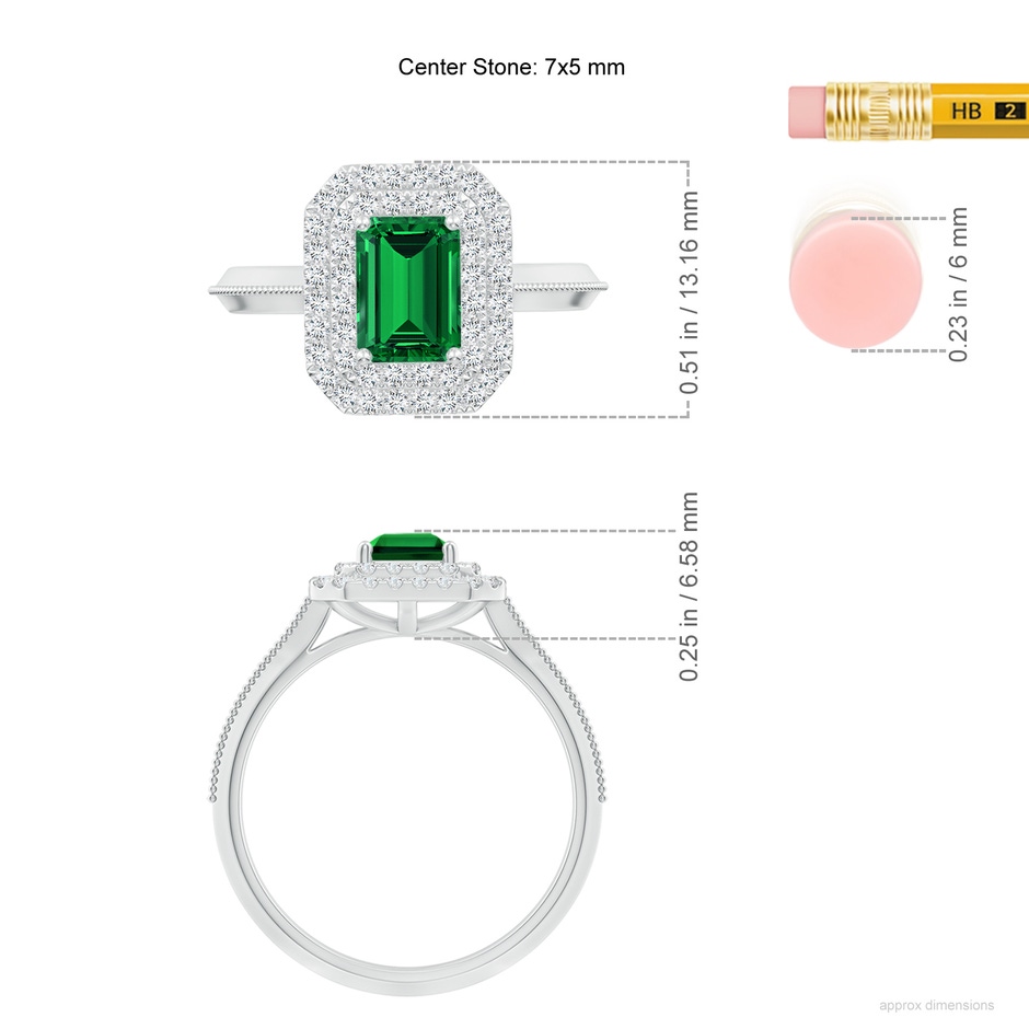 7x5mm Labgrown Lab-Grown Vintage Inspired Emerald-Cut Emerald Double Halo Engagement Ring in White Gold ruler