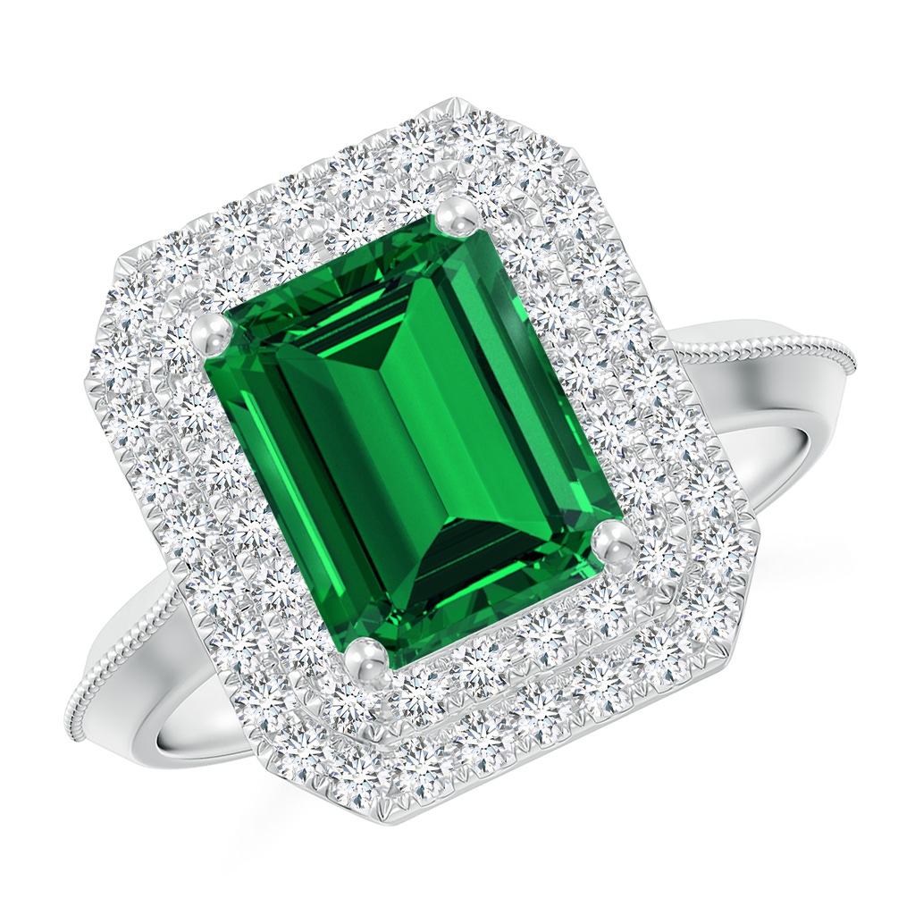 9x7mm Labgrown Lab-Grown Vintage Inspired Emerald-Cut Emerald Double Halo Engagement Ring in White Gold