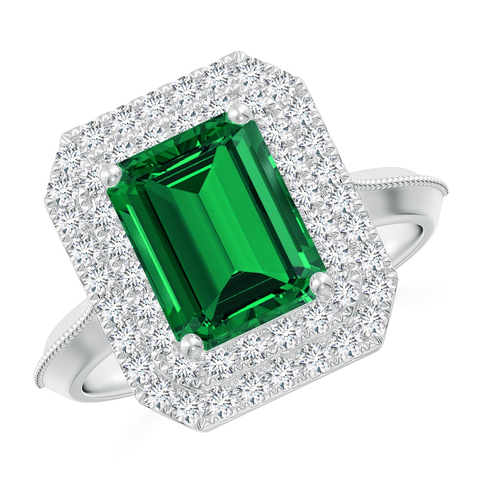 9x7mm Labgrown Lab-Grown Vintage Inspired Emerald-Cut Emerald Double Halo Engagement Ring in White Gold 