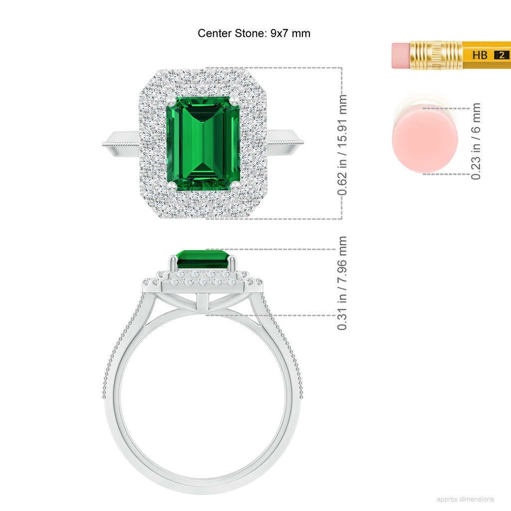 9x7mm Labgrown Lab-Grown Vintage Inspired Emerald-Cut Emerald Double Halo Engagement Ring in White Gold ruler