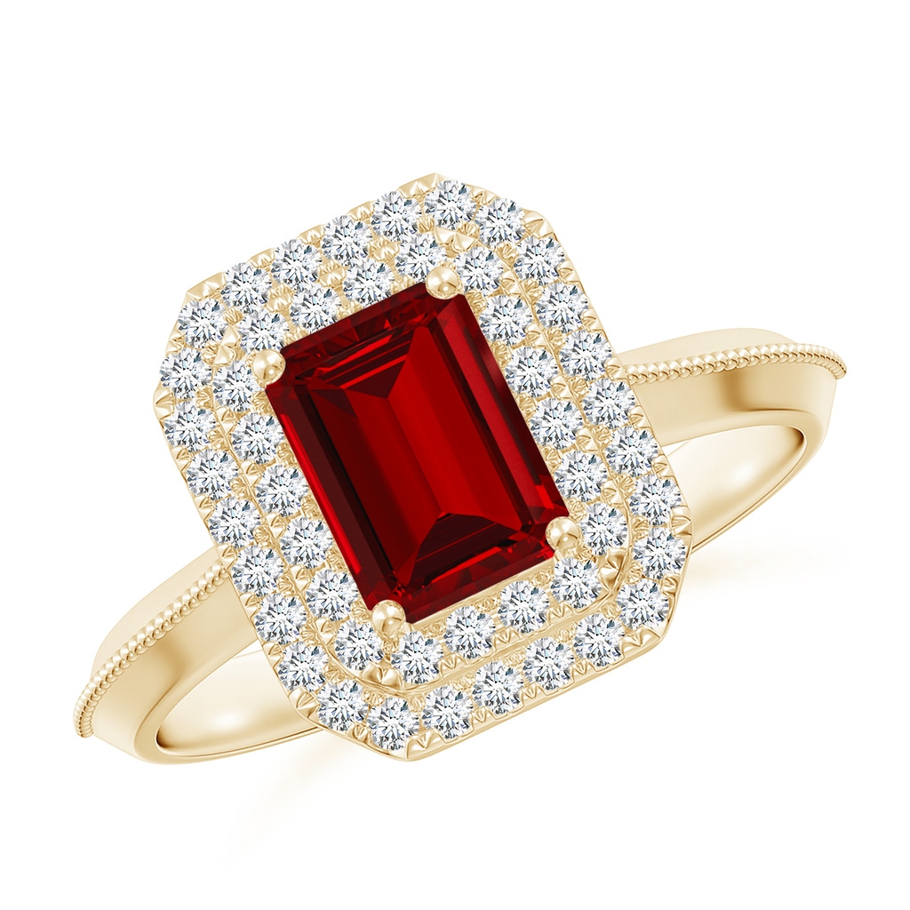 7x5mm Labgrown Lab-Grown Vintage Inspired Emerald-Cut Ruby Double Halo Engagement Ring in Yellow Gold