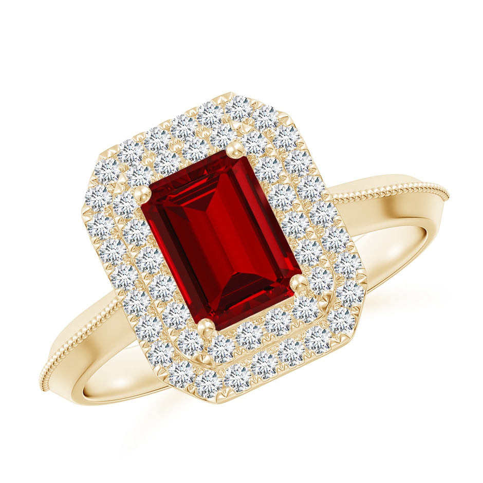 7x5mm Labgrown Lab-Grown Vintage Inspired Emerald-Cut Ruby Double Halo Engagement Ring in Yellow Gold 