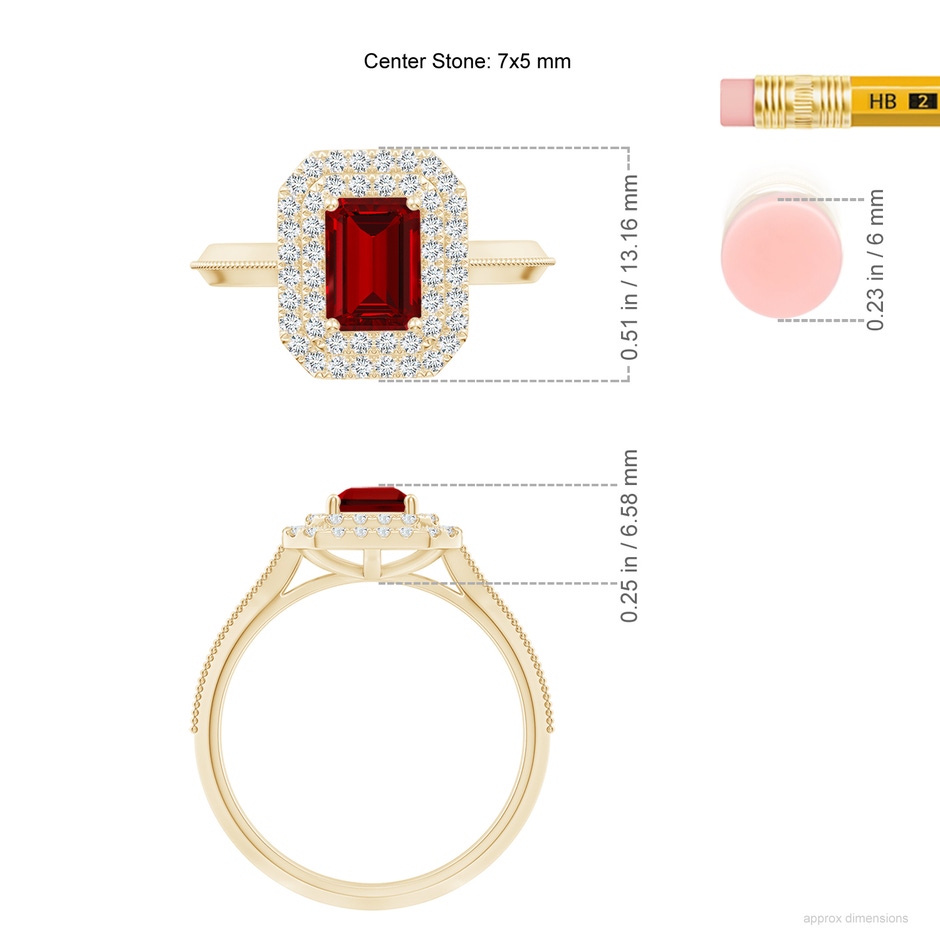 7x5mm Labgrown Lab-Grown Vintage Inspired Emerald-Cut Ruby Double Halo Engagement Ring in Yellow Gold ruler