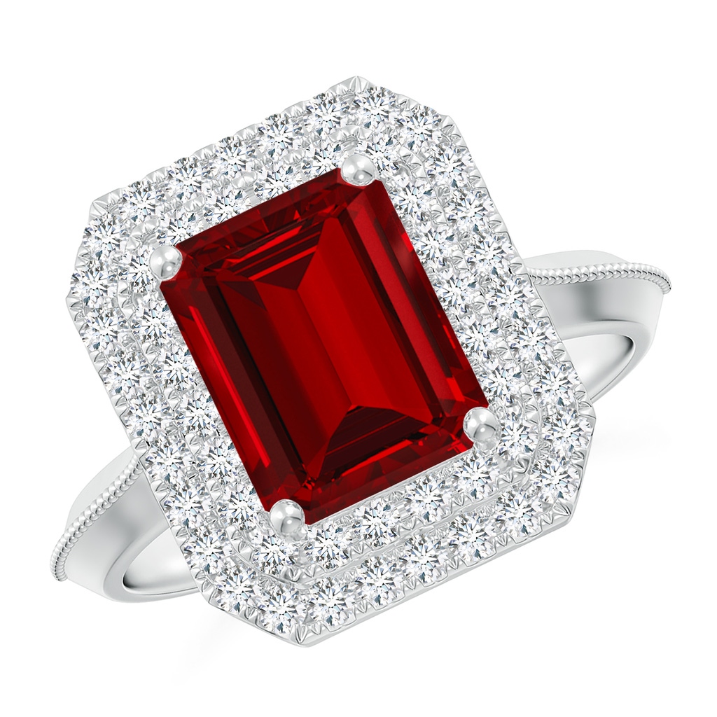 9x7mm Labgrown Lab-Grown Vintage Inspired Emerald-Cut Ruby Double Halo Engagement Ring in White Gold