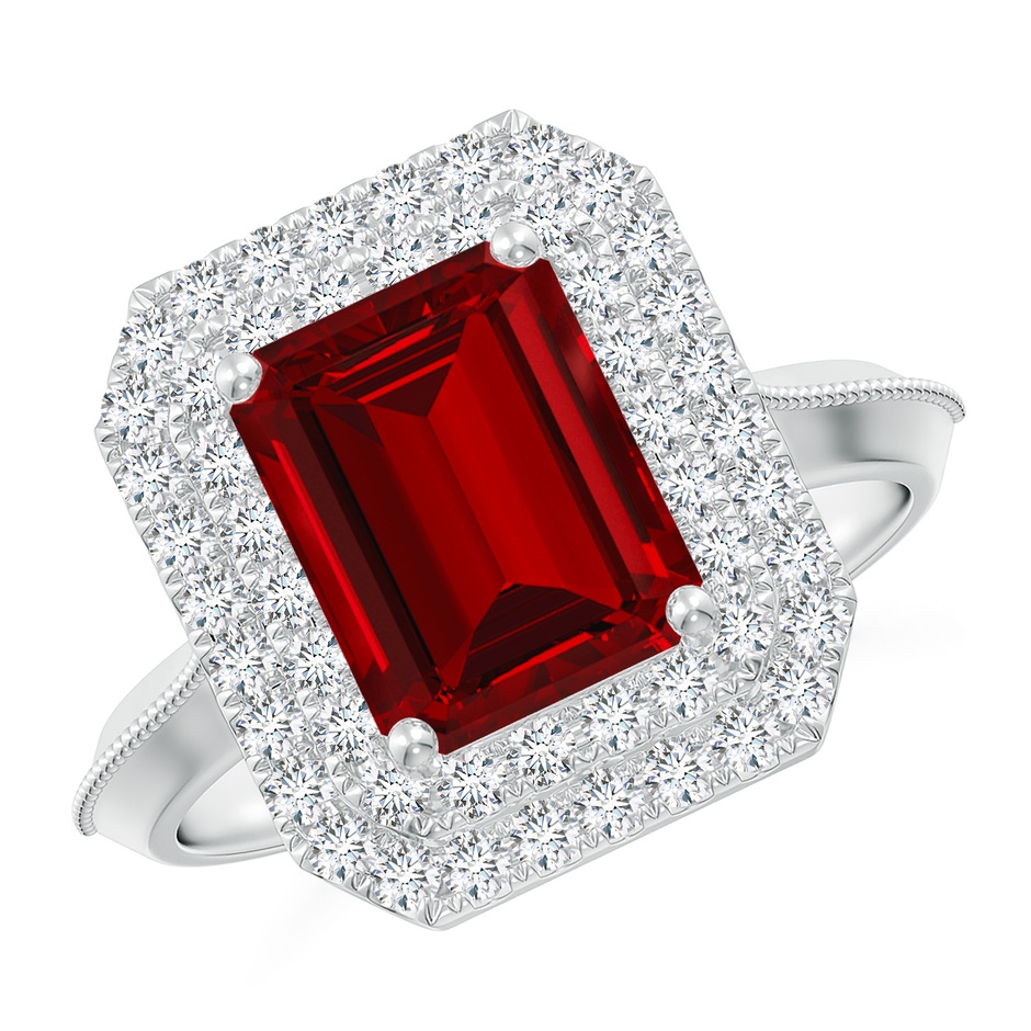 9x7mm Labgrown Lab-Grown Vintage Inspired Emerald-Cut Ruby Double Halo Engagement Ring in White Gold 