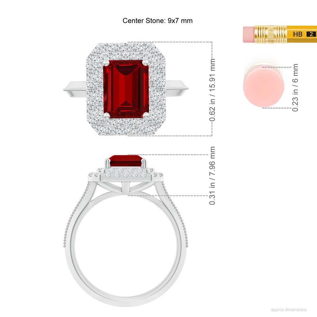 9x7mm Labgrown Lab-Grown Vintage Inspired Emerald-Cut Ruby Double Halo Engagement Ring in White Gold ruler