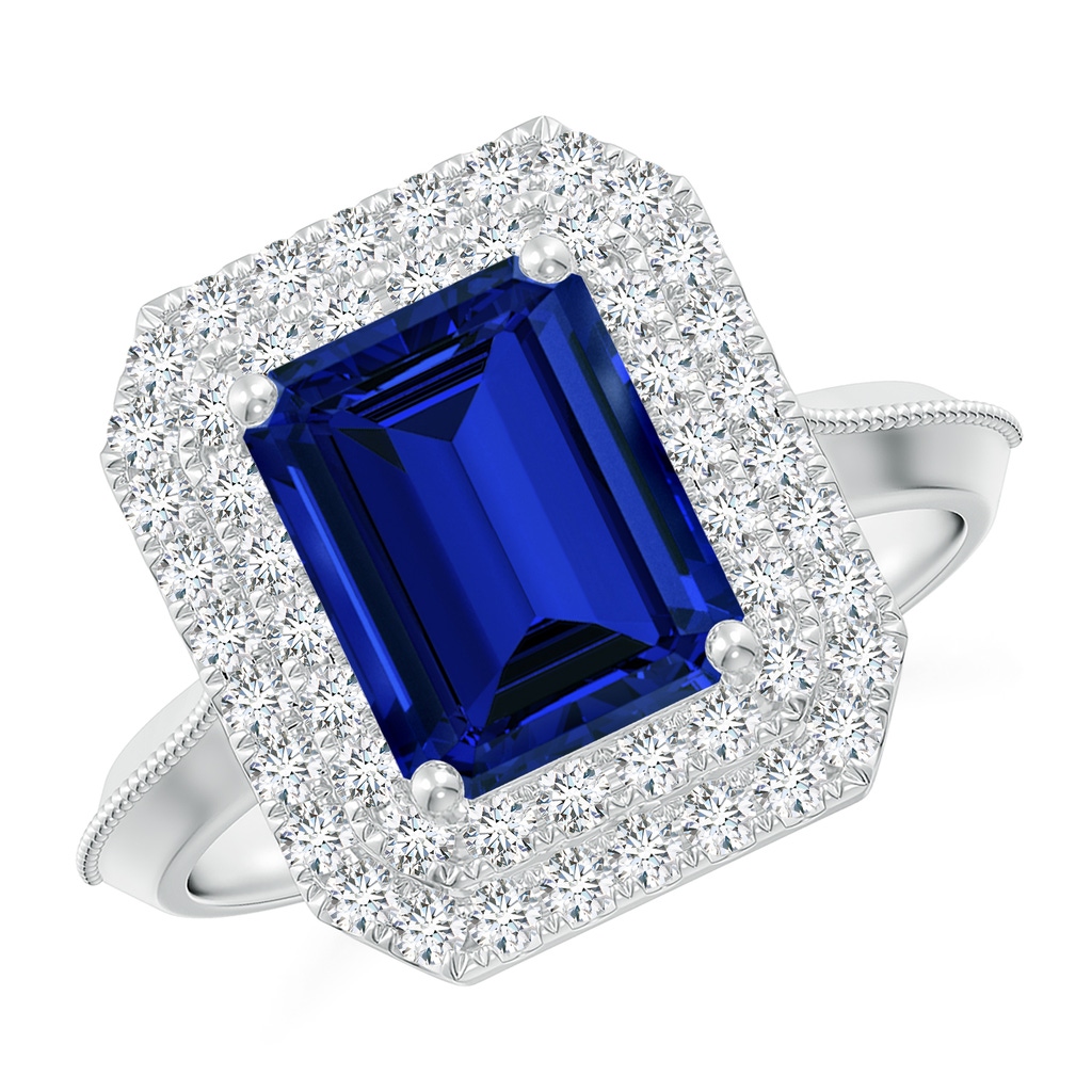 9x7mm Labgrown Lab-Grown Vintage Inspired Emerald-Cut Blue Sapphire Double Halo Engagement Ring in White Gold 